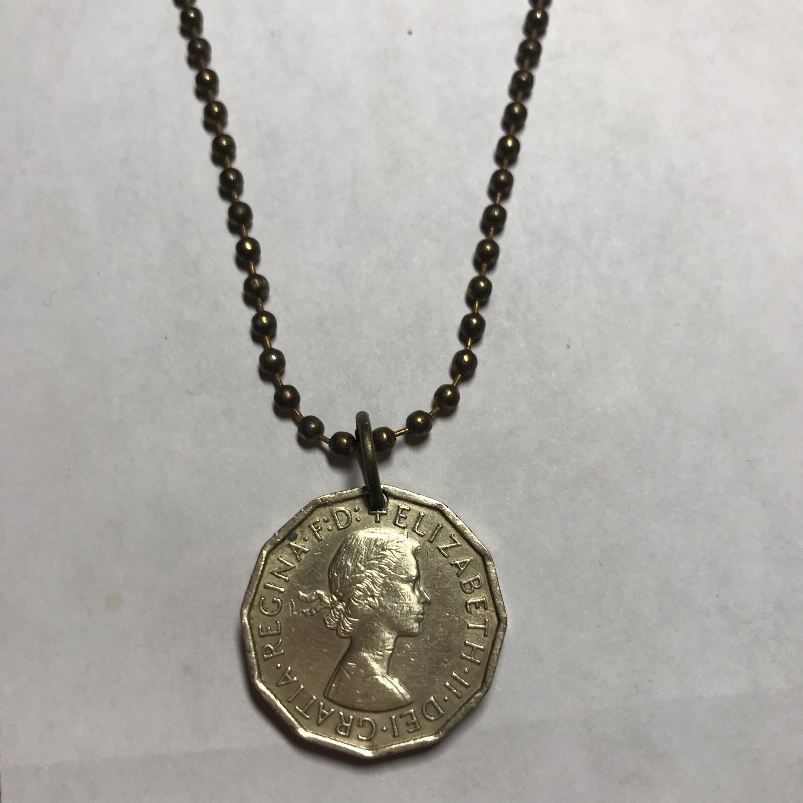 1960 UK 3 Pence Coin Pendant London. Queen Elizabeth 20” Necklace. Great Gift 🎁