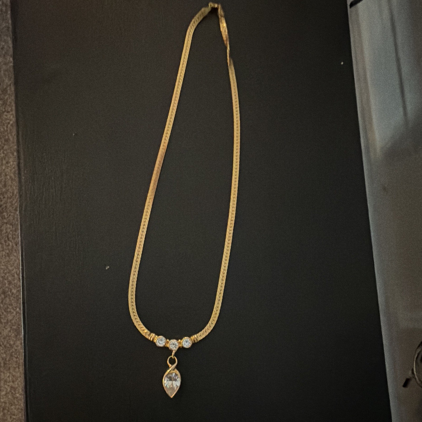 Yellow Gold chip Signed Herringbone Necklace Teardrop Clear Bezel Choker charm.