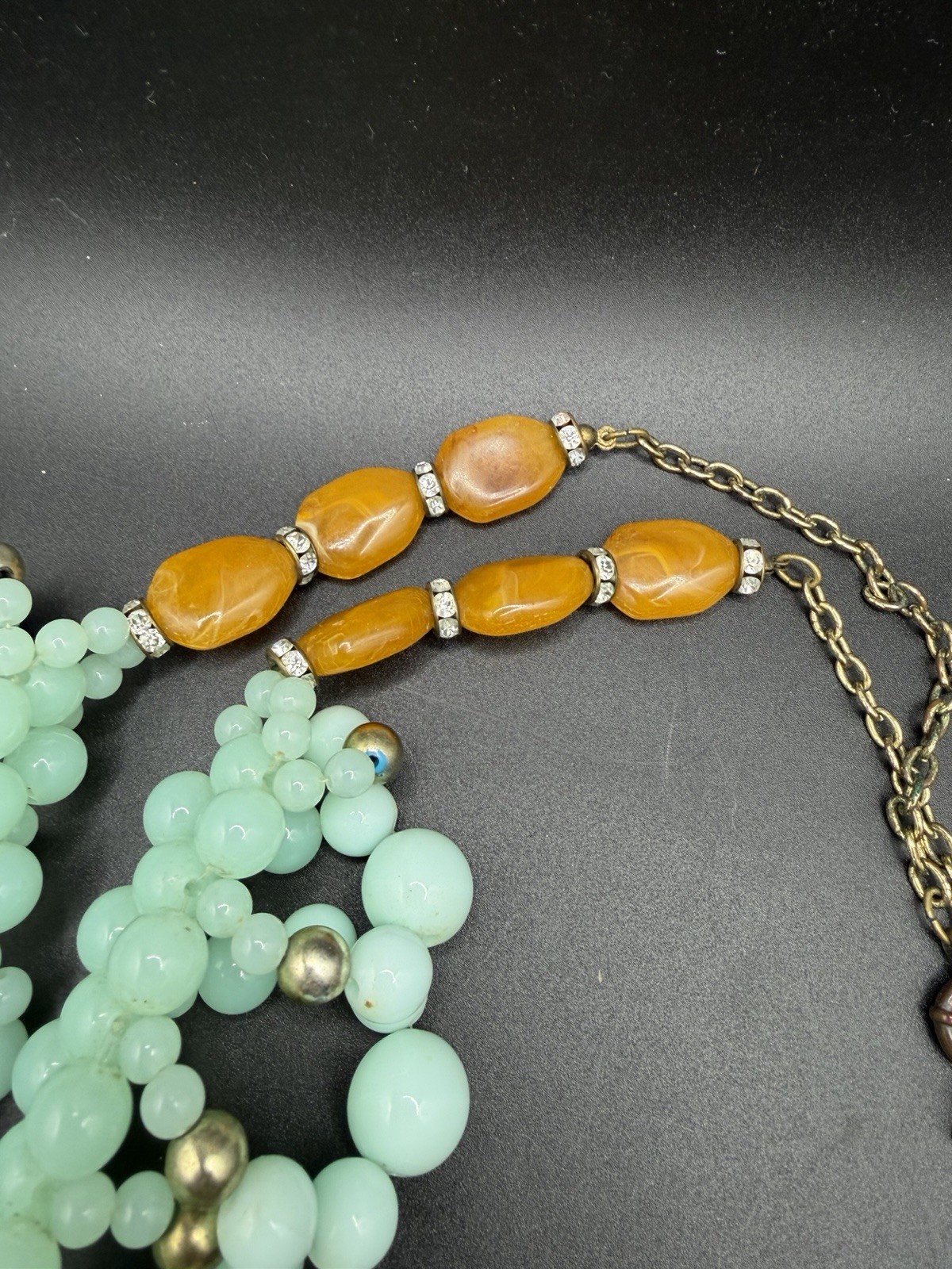 Anthropologie Mint Green Orange Beaded Bib Statement Necklace Gold Tone
