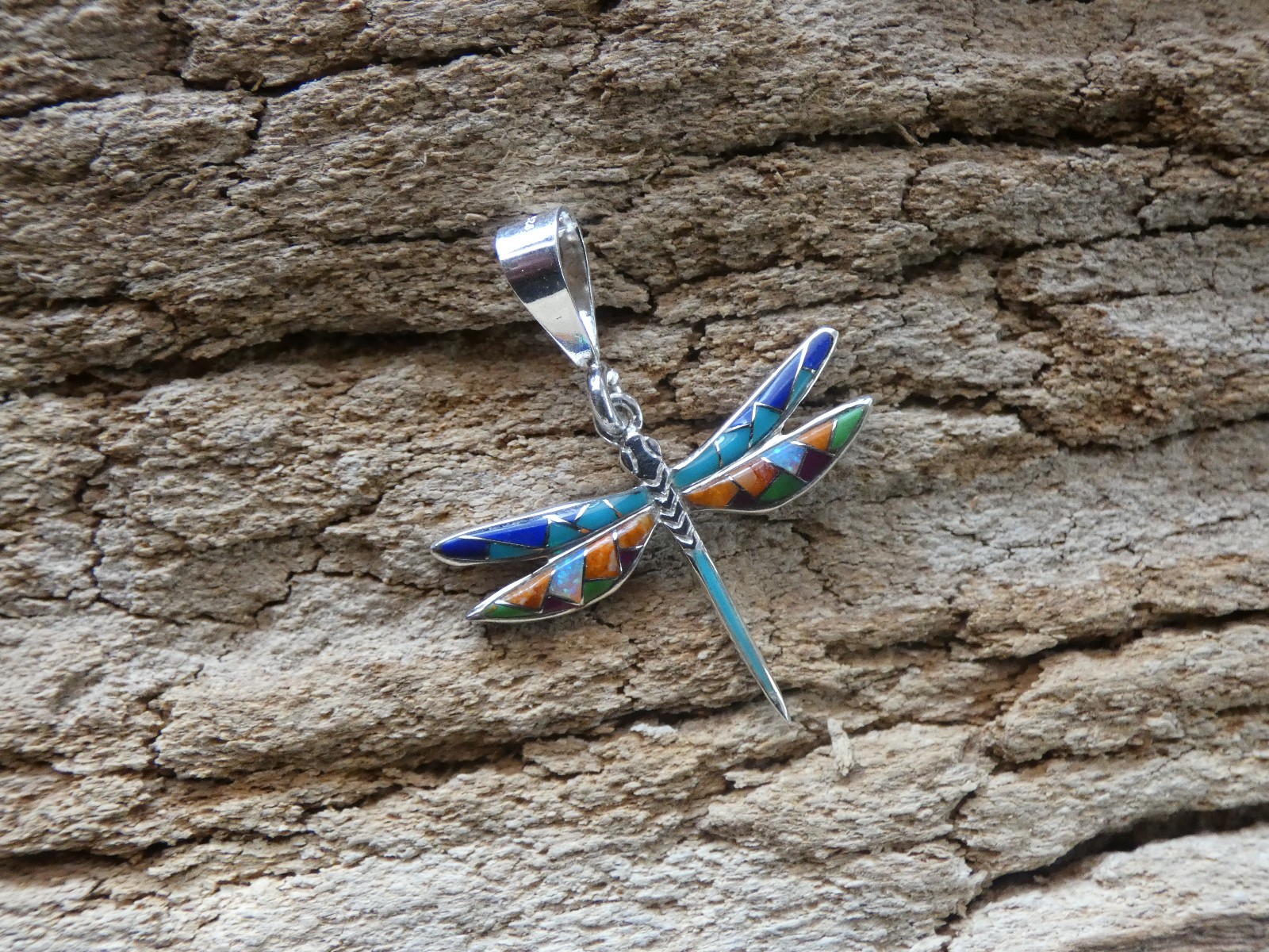 Dragonfly Southwestern Sterling Silver Small Pendant Multi Gemstone & Opal S18