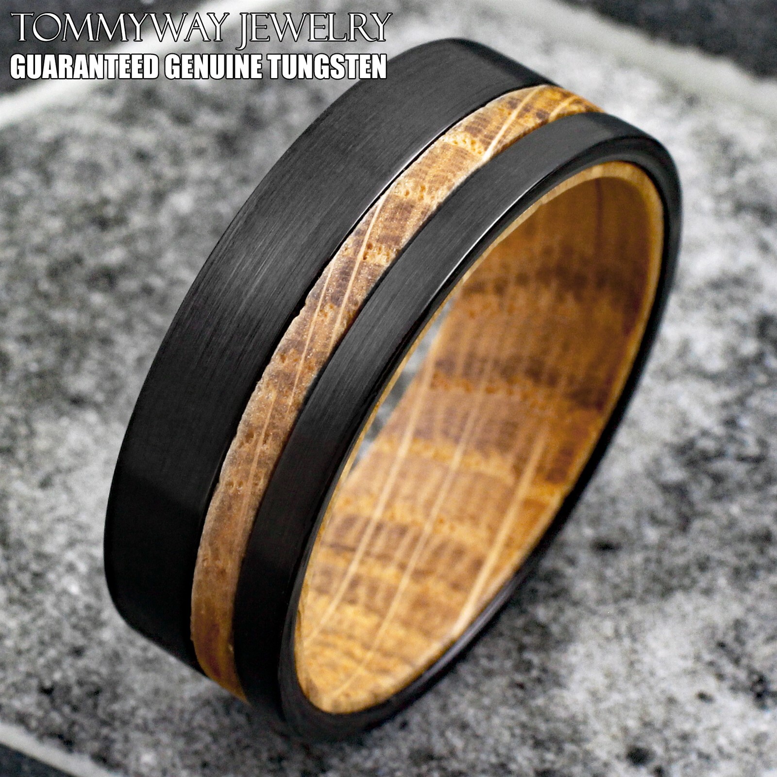 8mm Men’s Black Brushed Tungsten Carbide-Whiskey Barrel Wood Wedding Band Ring