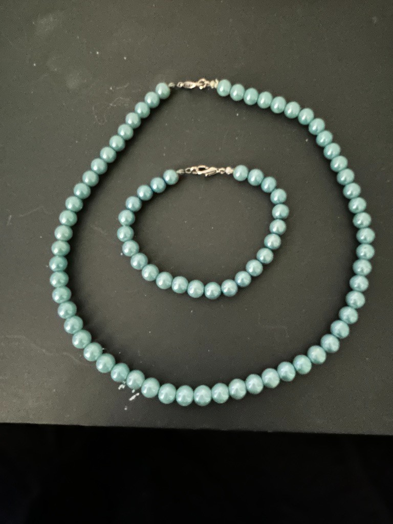 Vintage Pale Blue Pearlized Bead Necklace Matching Bracelet Set Silver-Tone