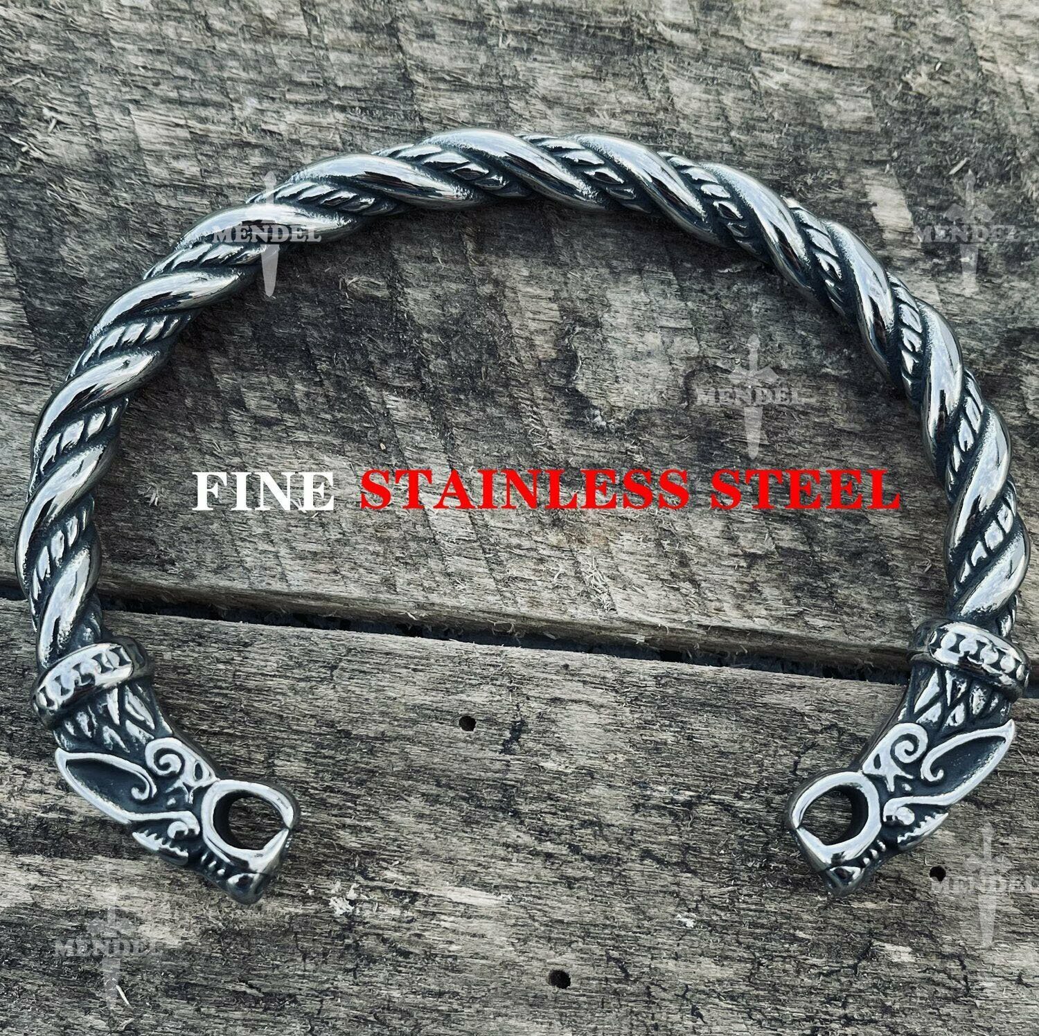 MENDEL 7 Inch Mens Stainless Steel Norse Viking Wolf Head Cuff Bracelet For Men