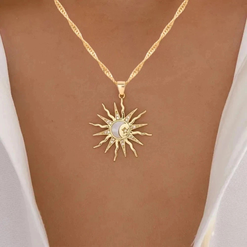 Sun Moon Star Rhinestone Pendant Necklace Retro Women Party Jewelry Gift Charm
