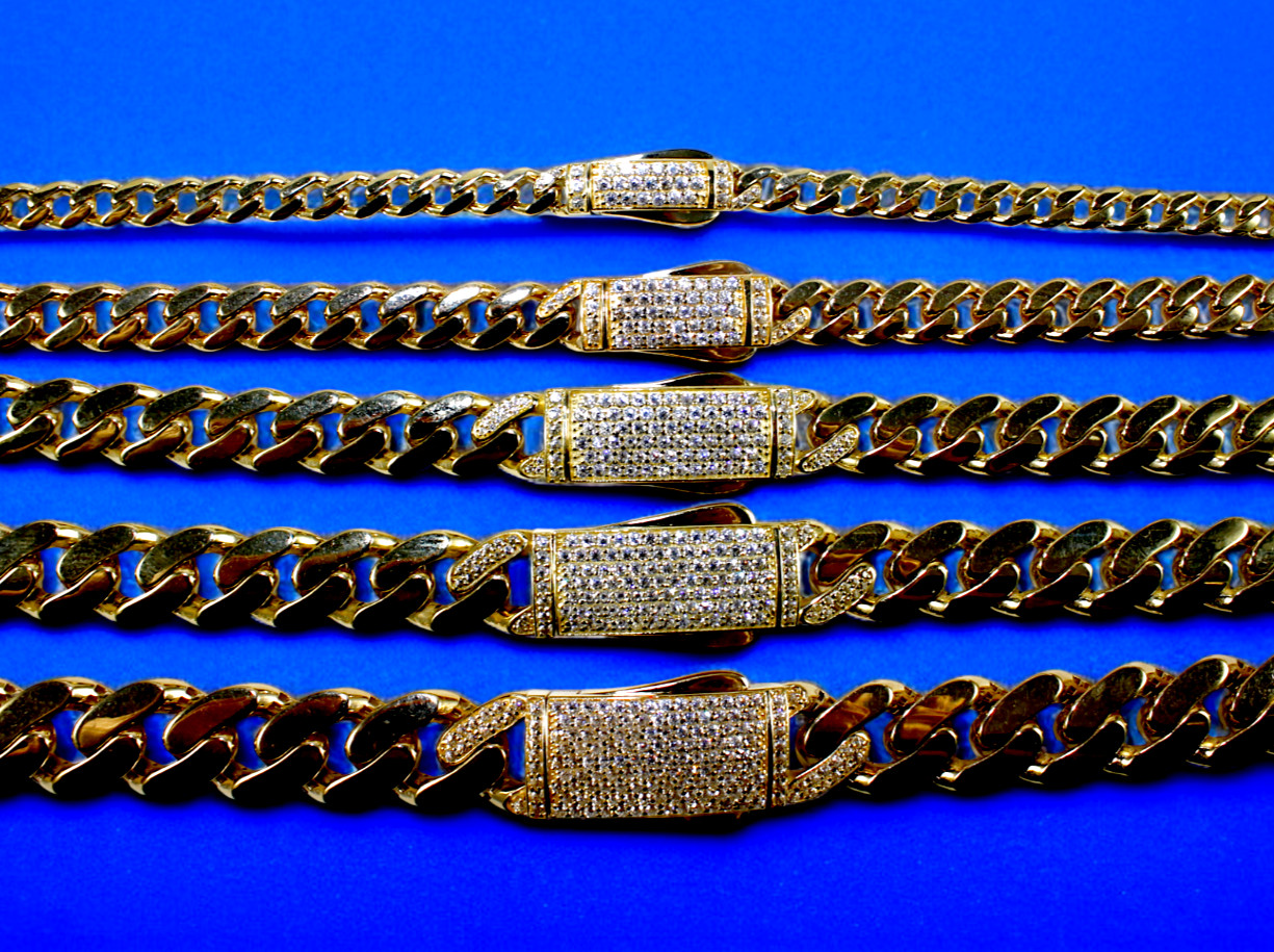14K Yellow Gold Monaco Miami Cuban Link Chain Necklace CZ Pave 6mm-13mm 7″-30″