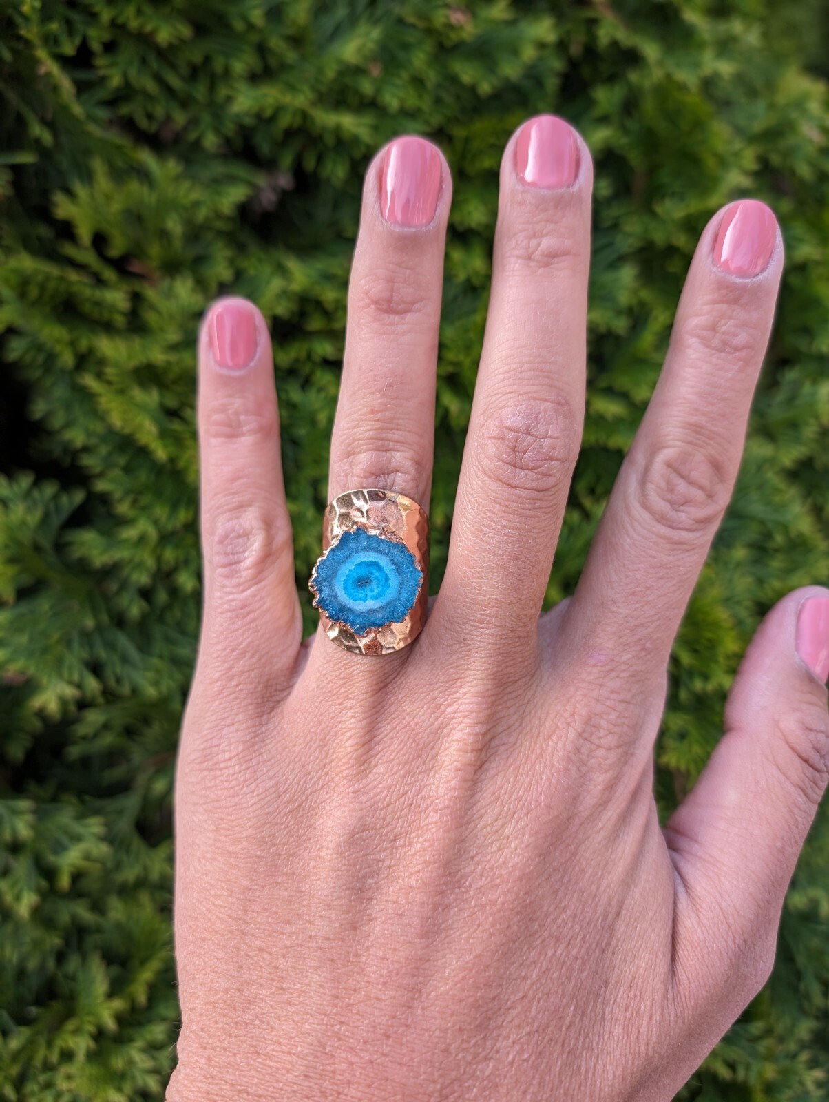 Artisan Handmade In Morocco Adjustable Blue Geode Wide Band Gold Ring Size 8.75