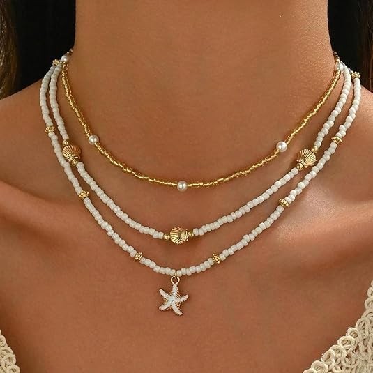 Boho Shell Starfish Layered Necklace Women Gold Plated Beach Jewelry