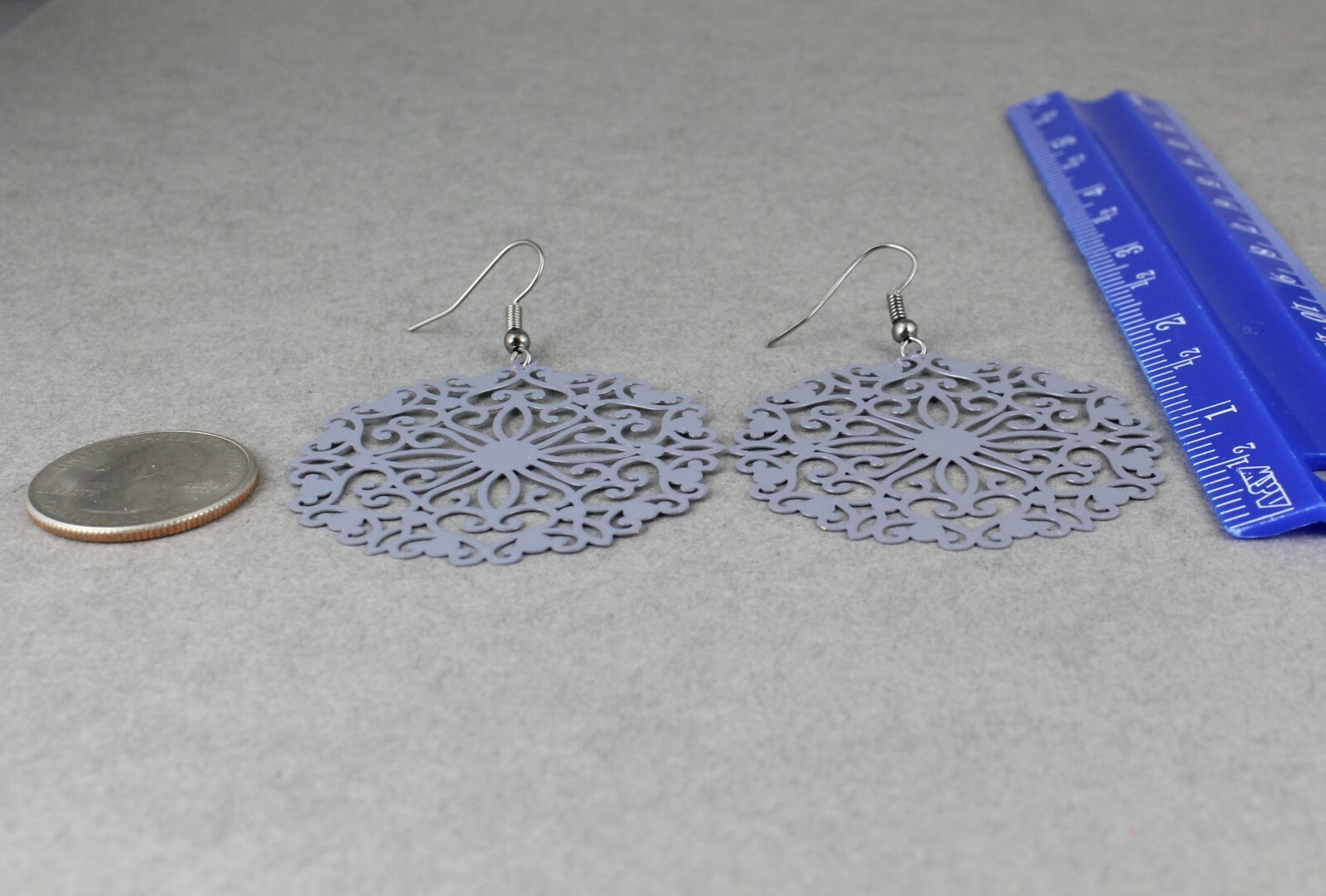 Grey round earrings cut out lace filigree scroll circle 2.5″ long very Light