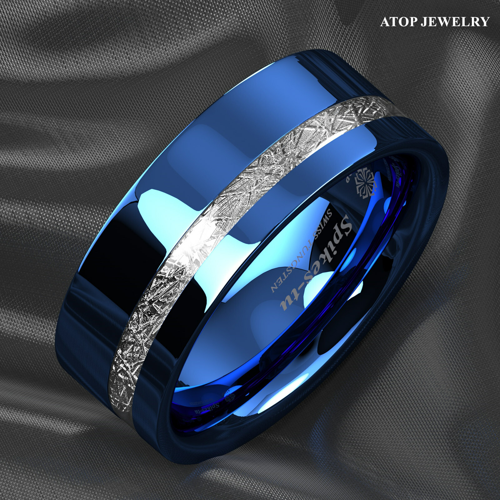 8mm ATOP Blue Tungsten Ring 925 Silver Inlay for Mens Comfort-fit Wedding Band