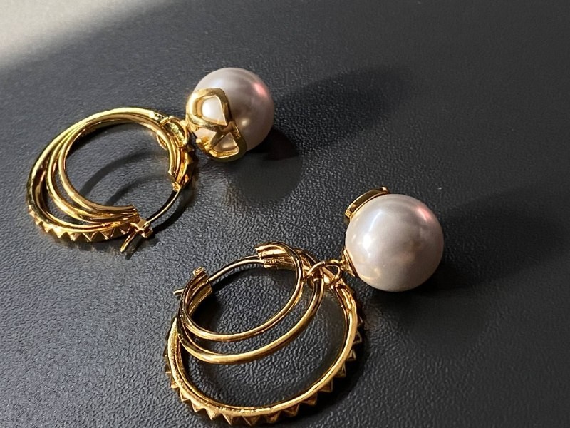 Valentino Gold Pearl Triple Band Studded Earrings 4.5cm