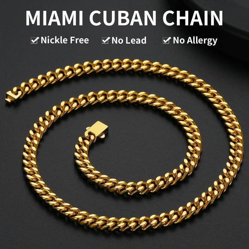 Stainless Steel Mens Cuban Link Chain, Black/ 18K Gold Plated Miami Cuban Chain