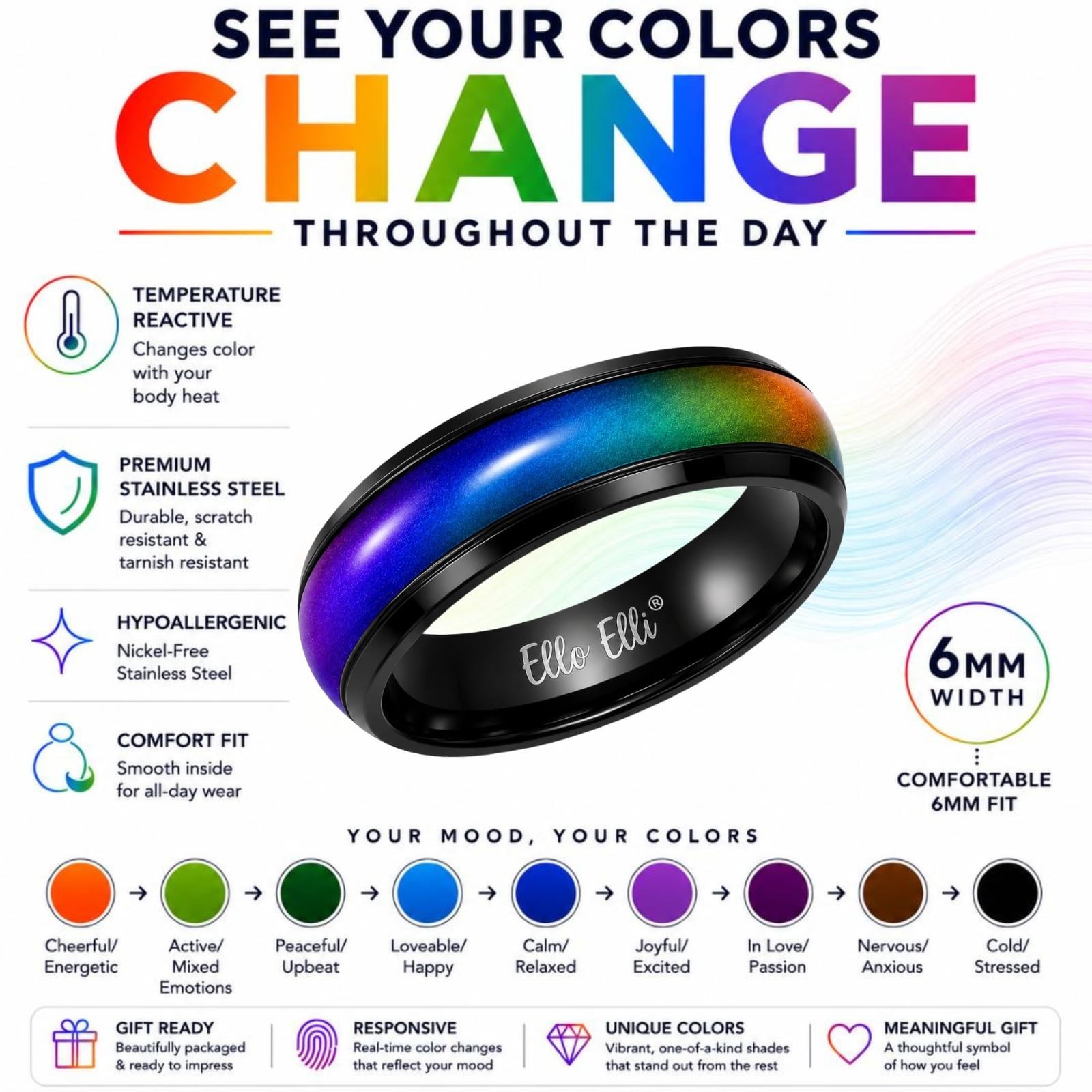 Mood Ring Color Changing 6mm Stainless Steel Comfort Fit Band for Men & Women