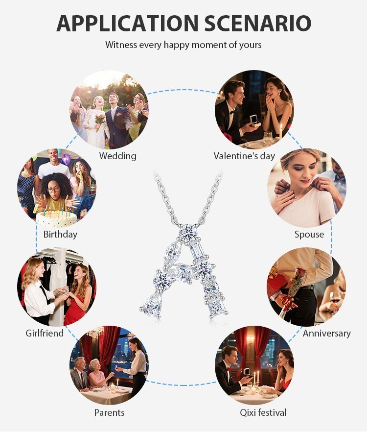 A-Z Initial Moissanite Pendant Necklace 925 Sterling Silver GRA Letter Gift