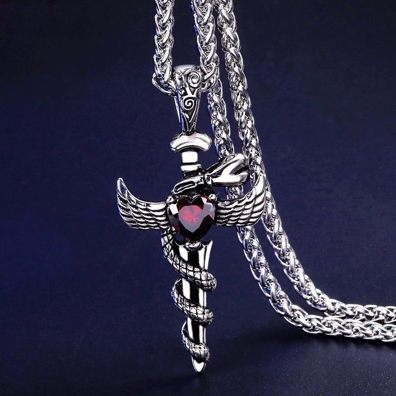 Antique 316 Stainless Sword Snake Wing Wheat Chain Red Unisex Vintage Necklace