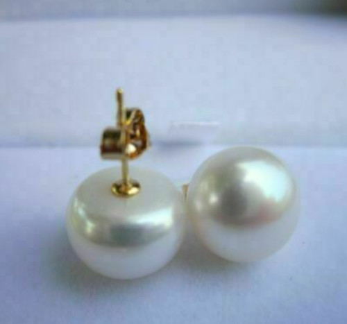 Huge AAAA 13-12mm Real Natural South Sea White Pearl Stud Earrings 14k Gold