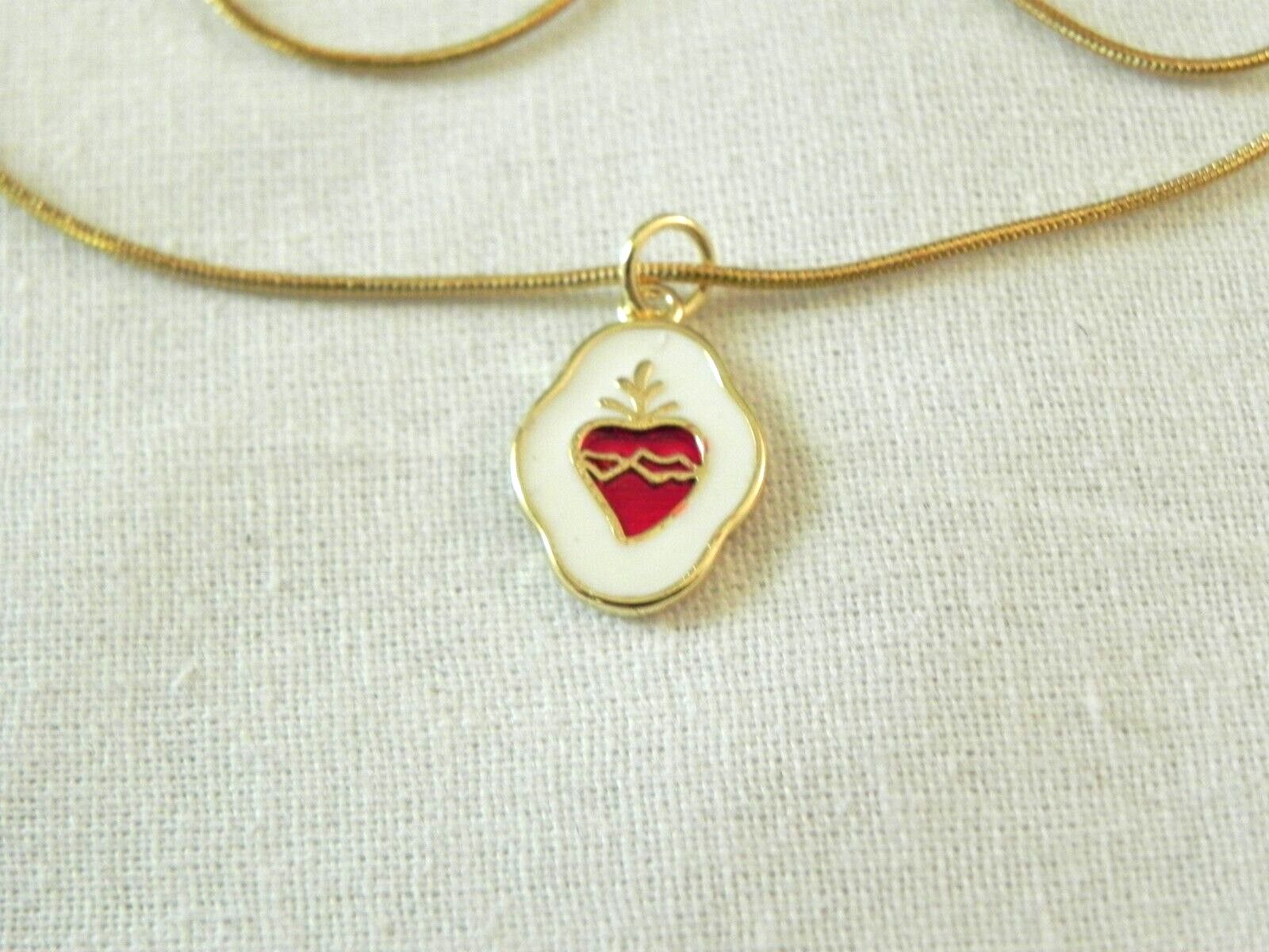 Sacred Heart of Jesus enamel pendant necklace Small medal charm gold tone