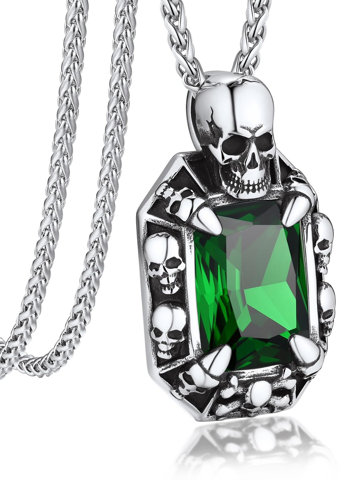 Emerald Stone Pendant Necklace Stainless Steel Green Crystal Gemstone Necklac…