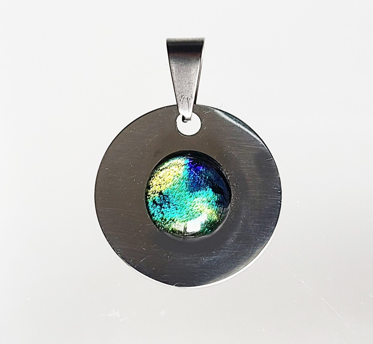 Dichroic Glass Stainless Steel Disk Pendant, Handcrafted