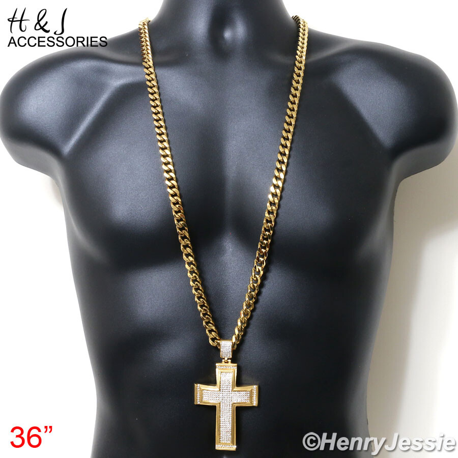18″-40″Stainless Steel 9mm Gold Plated Cuban Chain BIG ICY CZ Cross Pendant*IP20