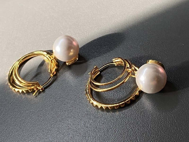 Valentino Gold Pearl Triple Band Studded Earrings 4.5cm