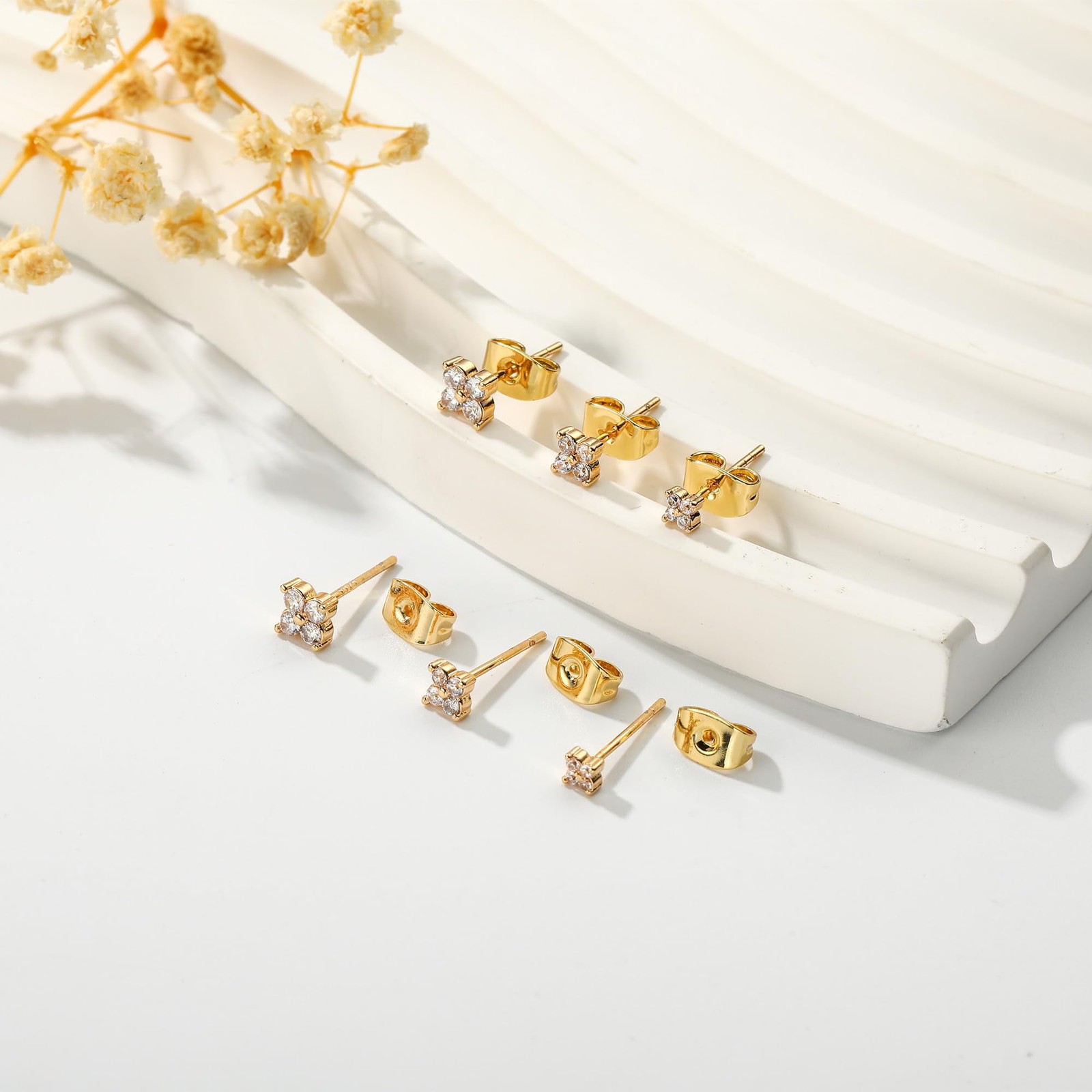 3 Pairs 18K Gold Plated Flower Stud Earrings for Women Hypoallergenic Small Cart