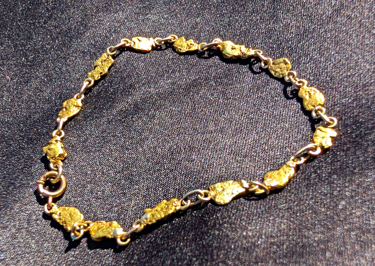 14k Yellow Gold Nugget Round Link Chain Bracelet 7in Spring Ring No Stone