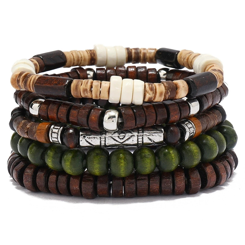 5PCS Wooden Bead Bracelet Set Elastic Retro Unisex Bangle Jewelry