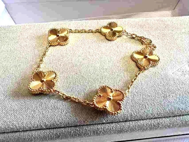 925 Sterling Silver No Stone Womens Five Flower Bracelets 14K Yellow Gold Plated