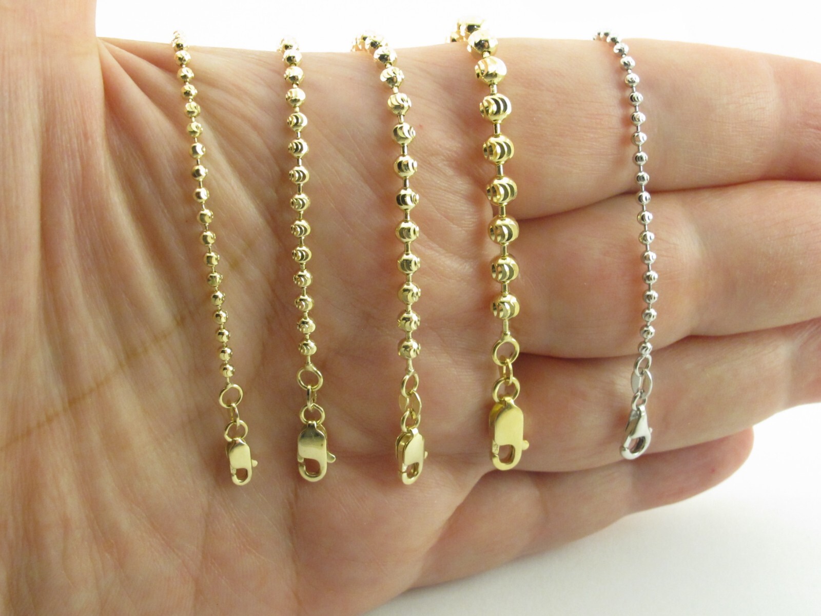 14k Gold Mooncut Ball Chain Necklace 16″, 18″, 20″, 22″, 24″- 2 To 4 MM