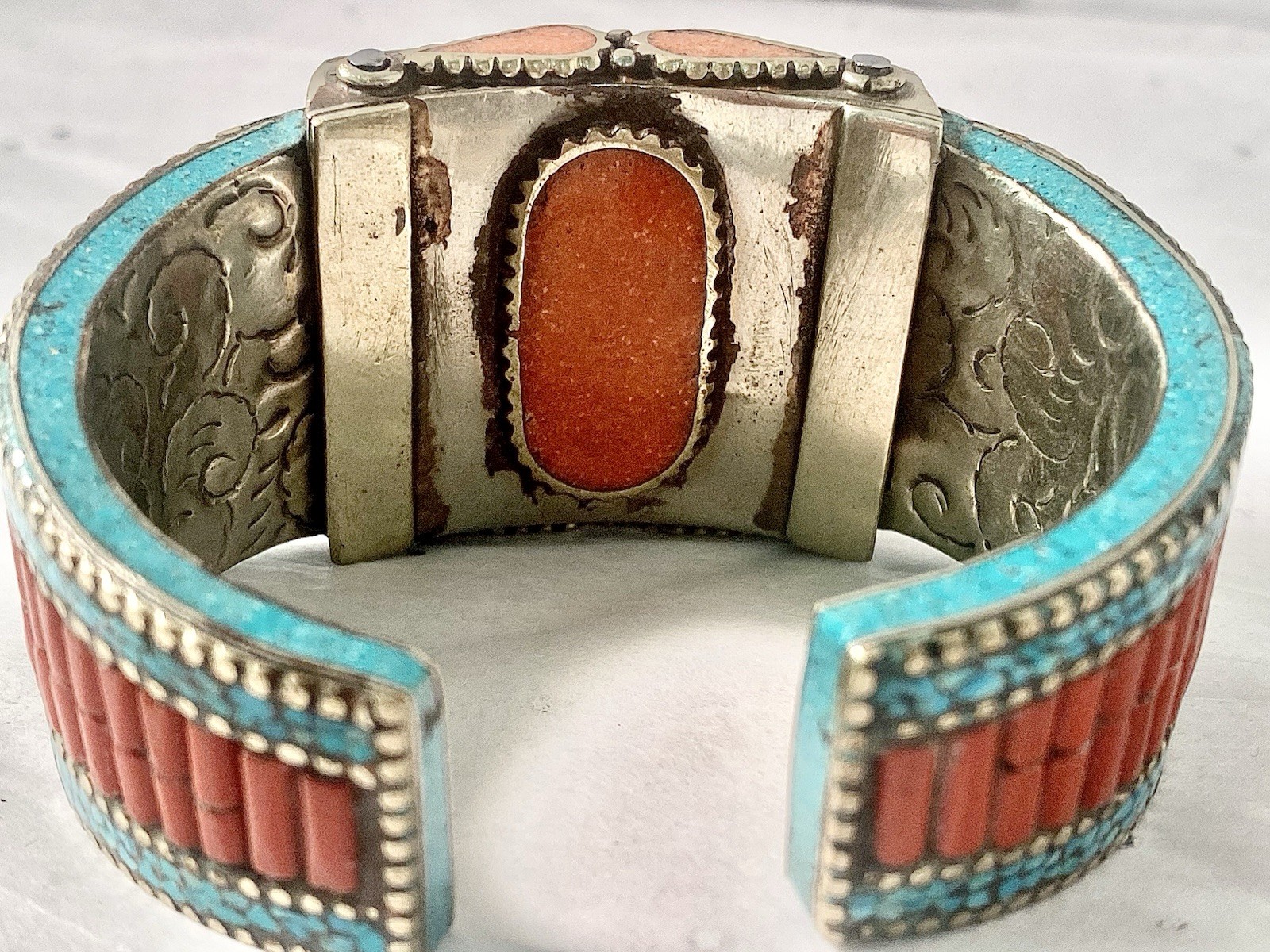 Moroccan Silver Tone Style Berber Mosaic Cuff Bracelet Coral Turquoise Enamel