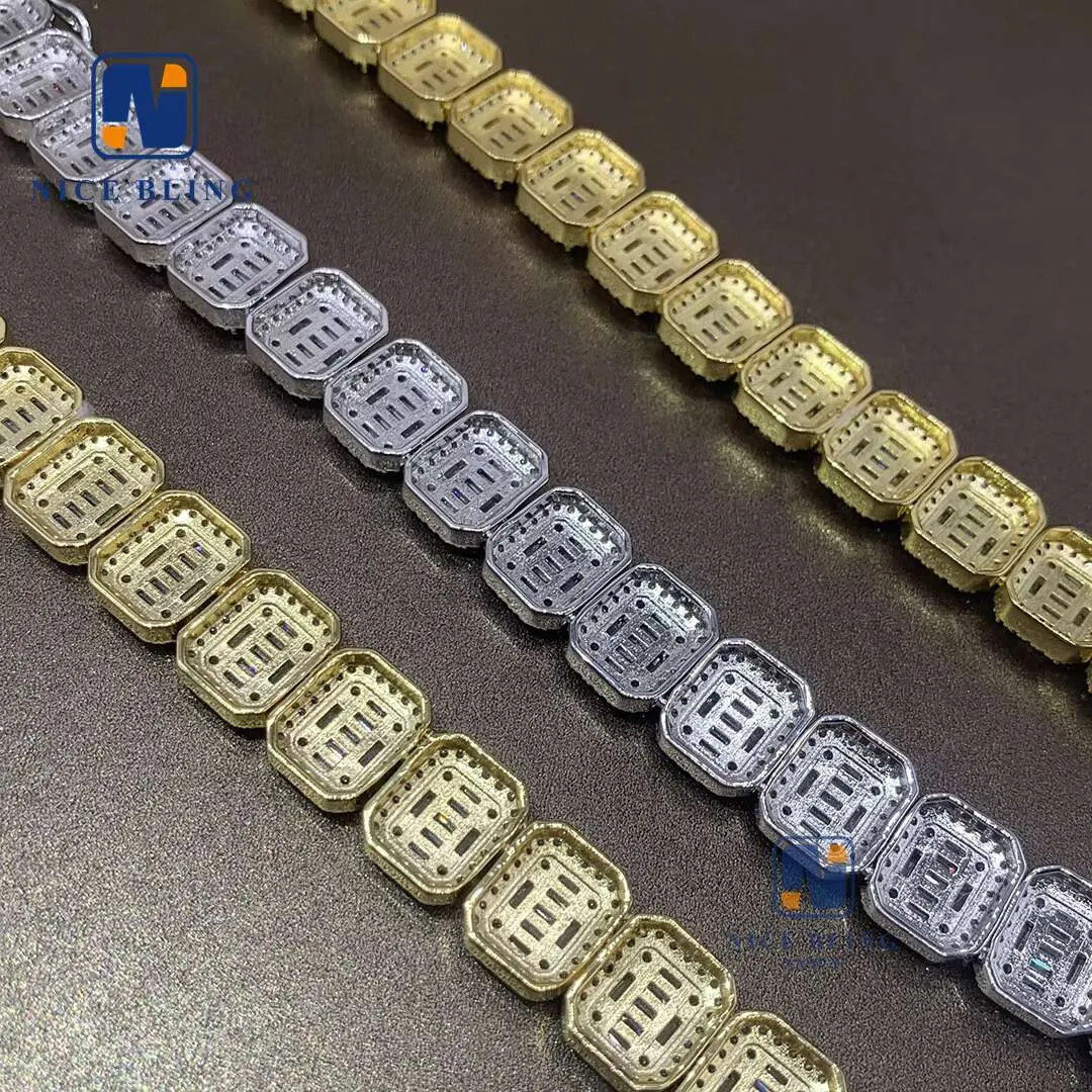 Full Moissanite Diamonds 925 Sterling Silver Cuban Link Necklace VVS Baguette Mo