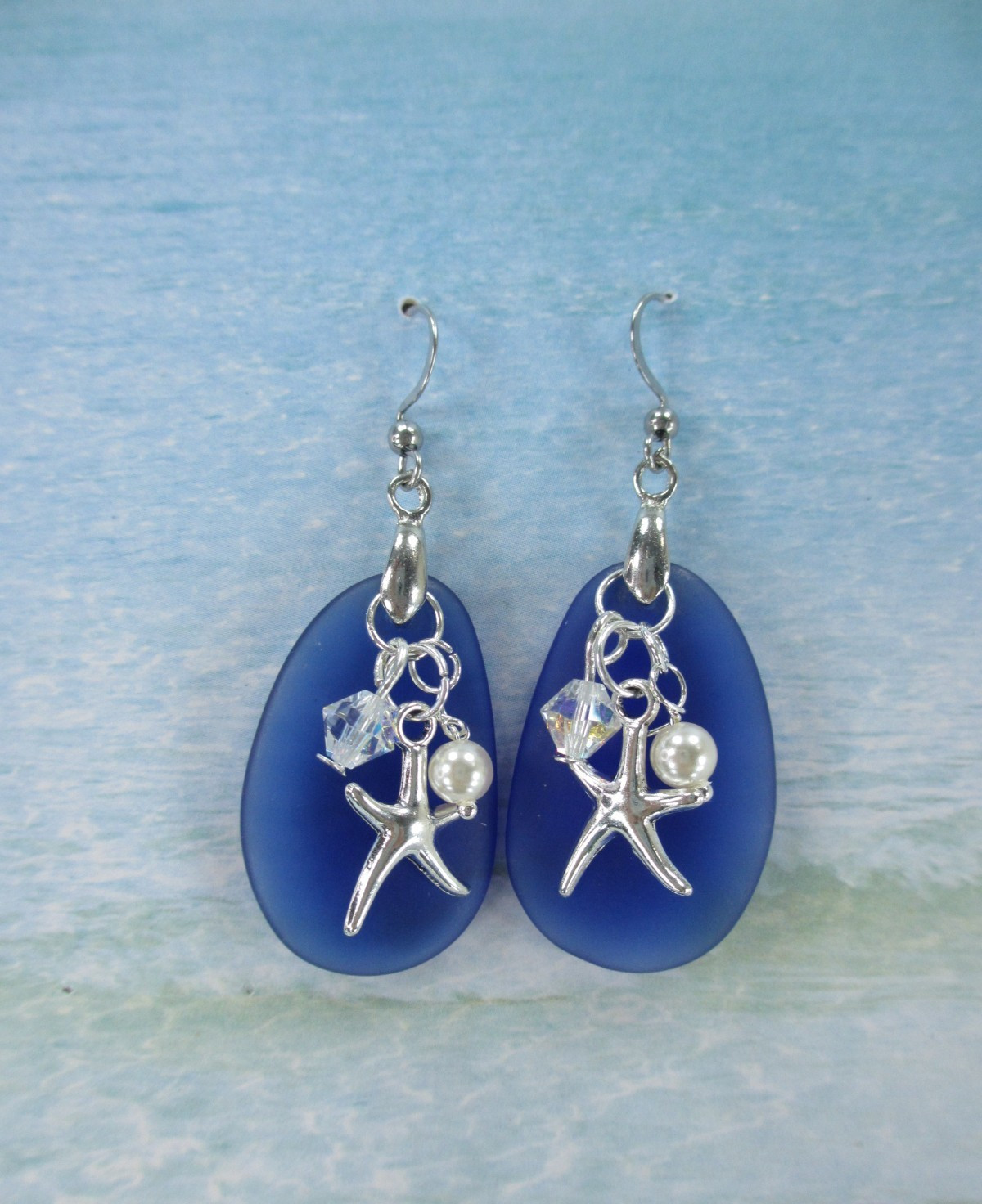 Sea Glass Earrings Made With Swarovski Crystal Bead Pearl Drop Starfish Beach