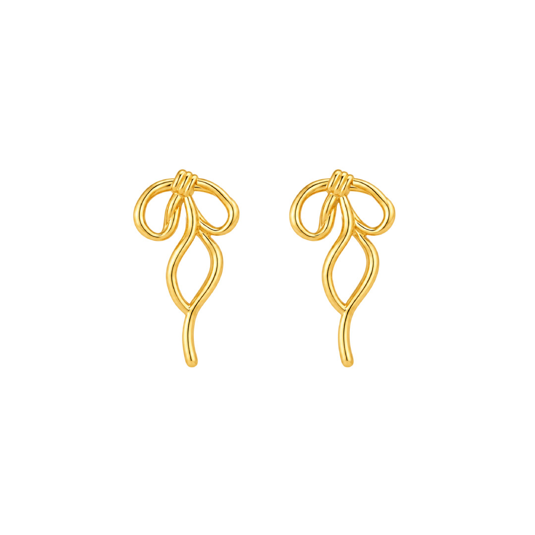 Handmade Gold Bow Earrings Women Wire Ribbon Stud Dangle Minimalist Trendy