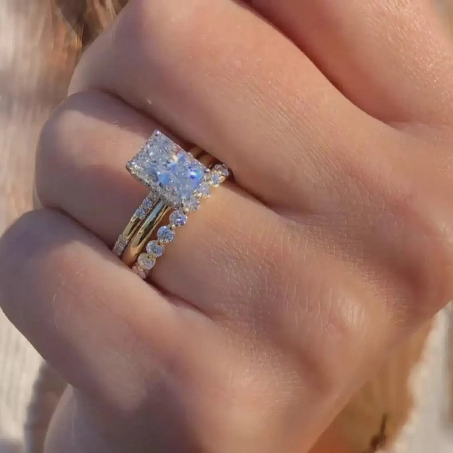 3CT Radiant Cut Moissanite Engagement Trio Bridal Ring Set, Trilogy Ring Set