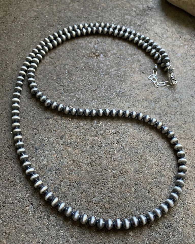 6mm 14 Inch 925 Sterling Silver Oxidized Pearls Bead Necklace Southwestern