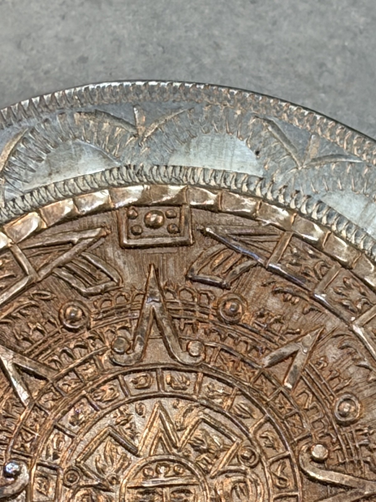 Vintage Aztec Calendar Medallion Brooch Pendant Sterling Silver Copper Mexico