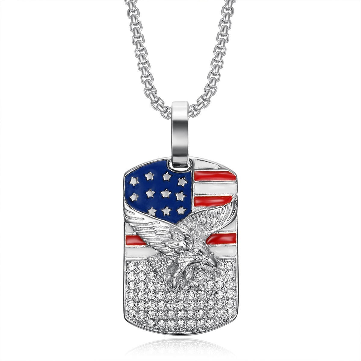 Silver American Flag Eagle Dog Tag Pendant Stainless Steel Patriotic Necklace
