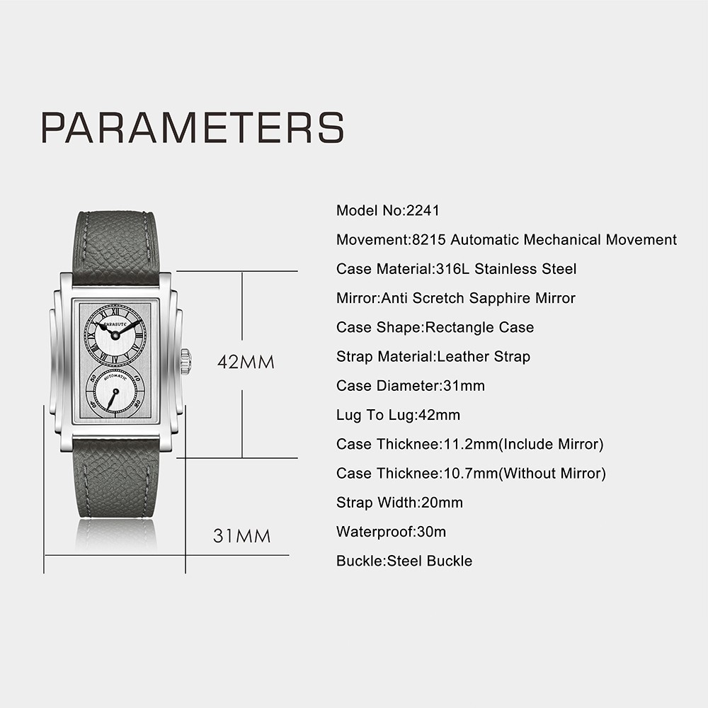 FARASUTE Men Automatic Watch 31mm Rectangle Mechanical Wristwatch Miyota 8215