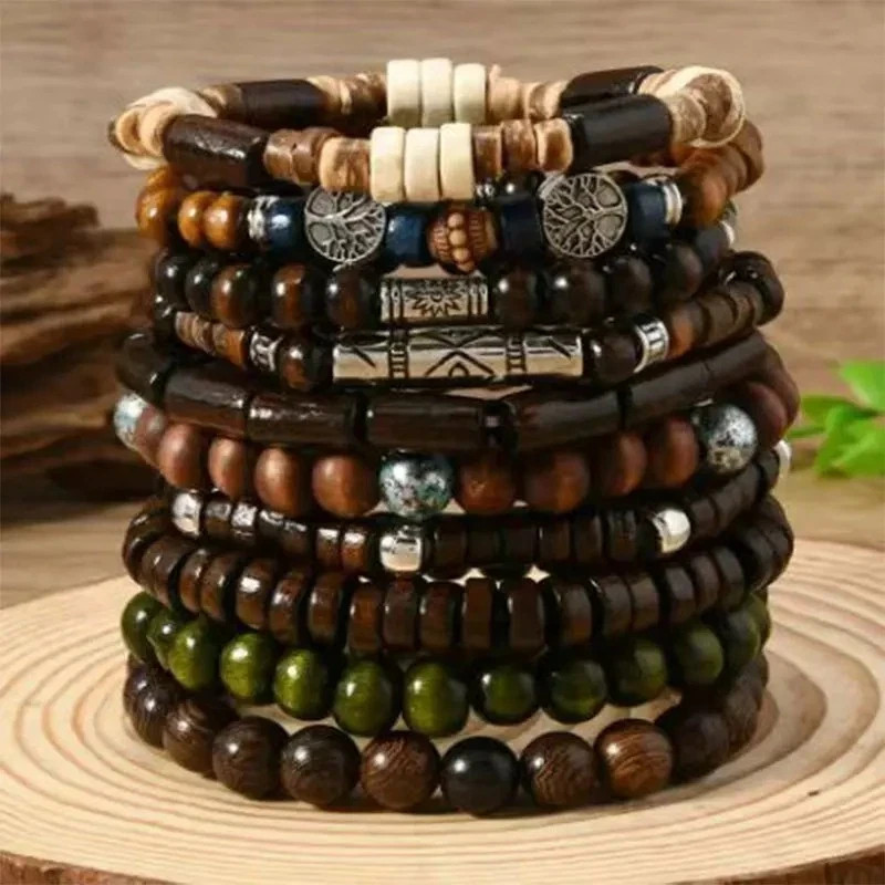 10pcs Bohemia Ethnic Beaded Bracelets For Men Vintage Multi Layer Wooden
