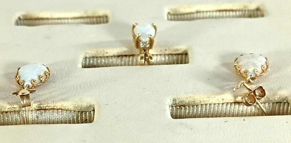 Vintage 14K Gold Opal Earrings & Pendant Set Natural White Fire Opal Mexico