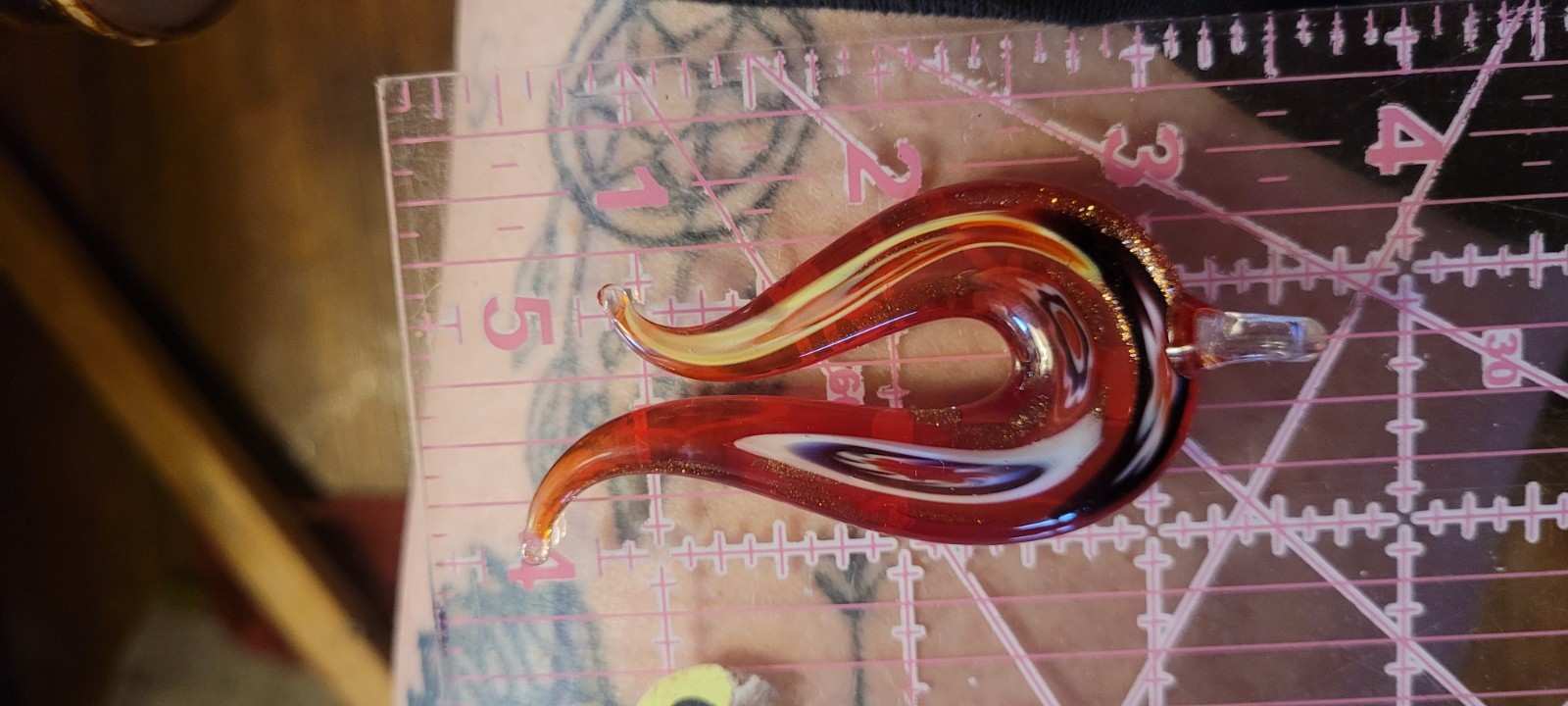 Hand Blown Glass Teardrop Pendant Red Swirl w/ Gold Glitter Accents
