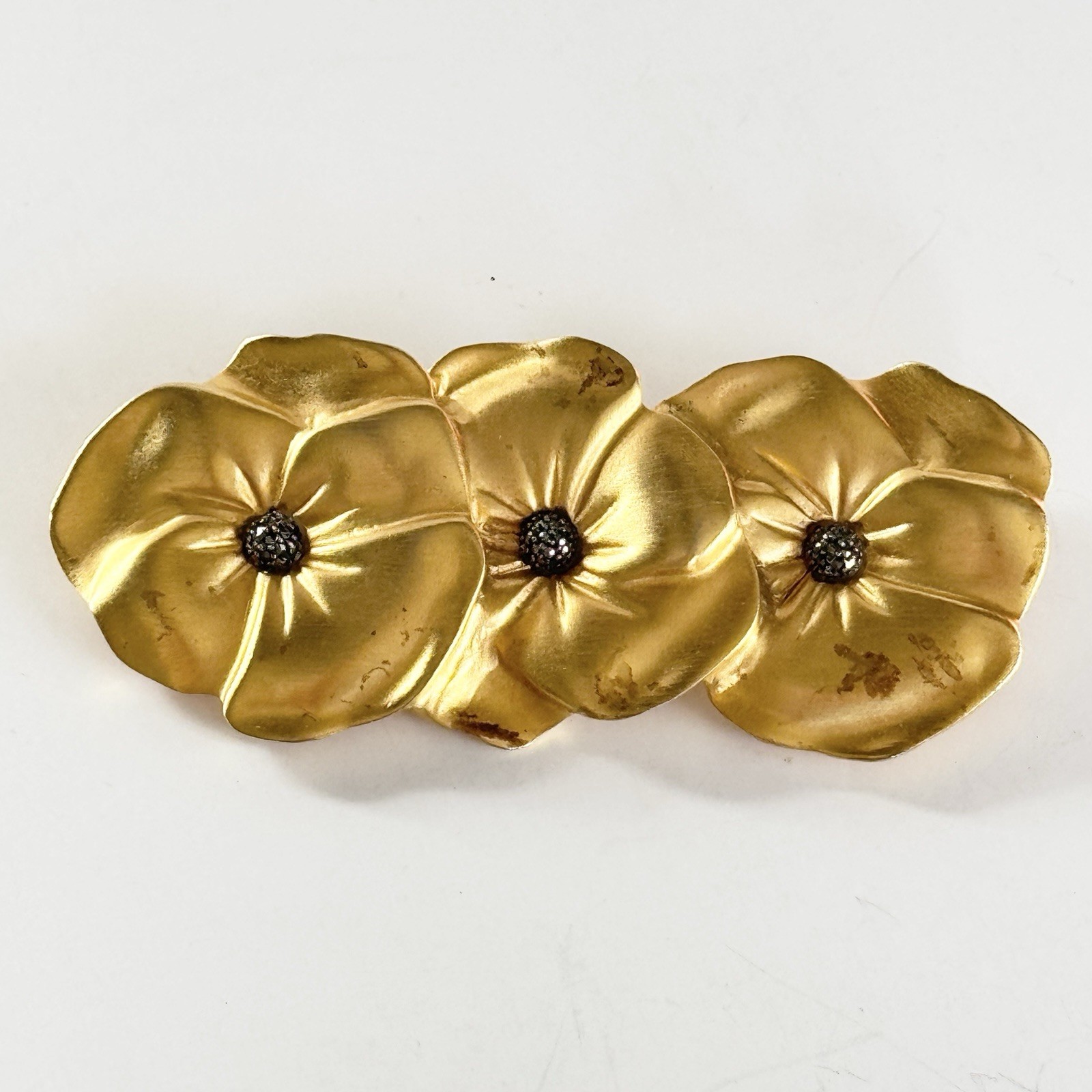 Vintage Judith Jack 80s/90s Satin Brushed Gold Tone Trio Pansy Flower Brooch HTF
