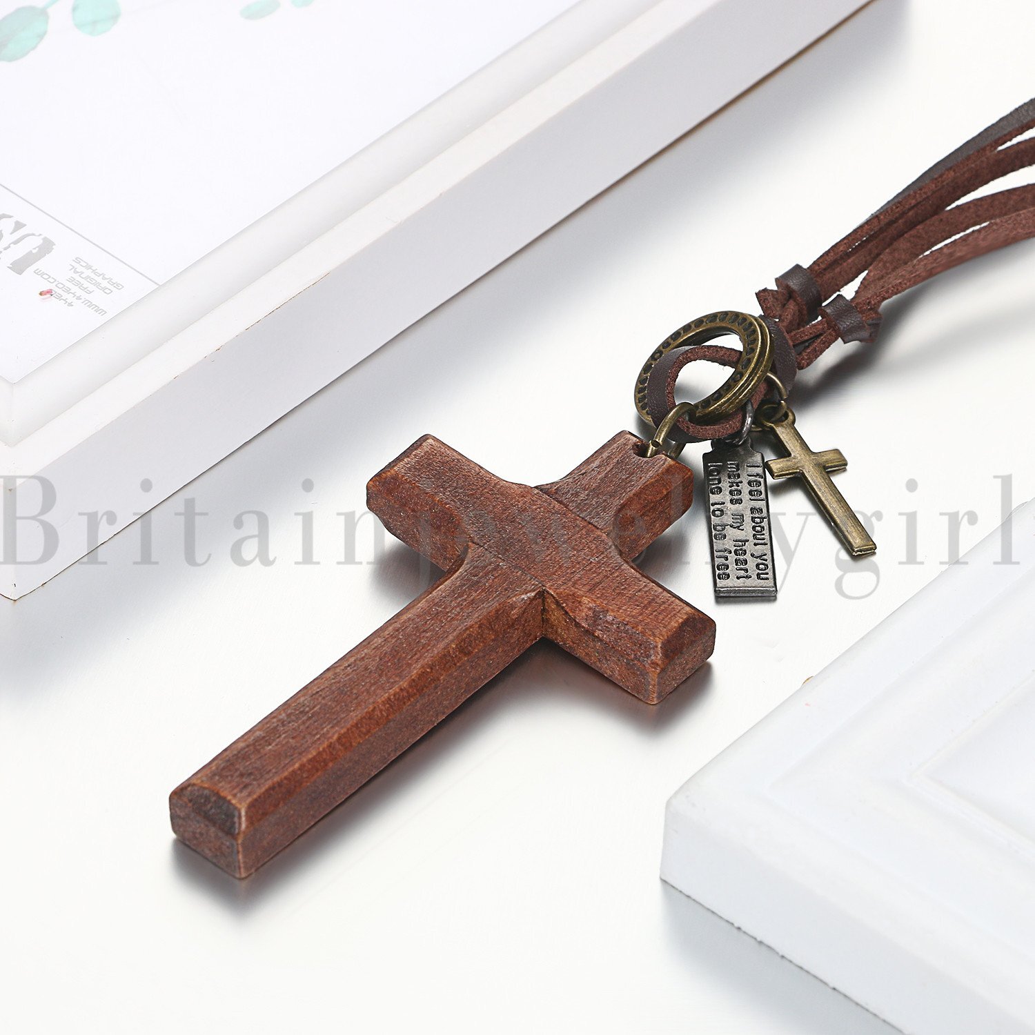 Flongo Vintage Wooden Cross Pendant Leather Rope Necklace Adjustable Men Women