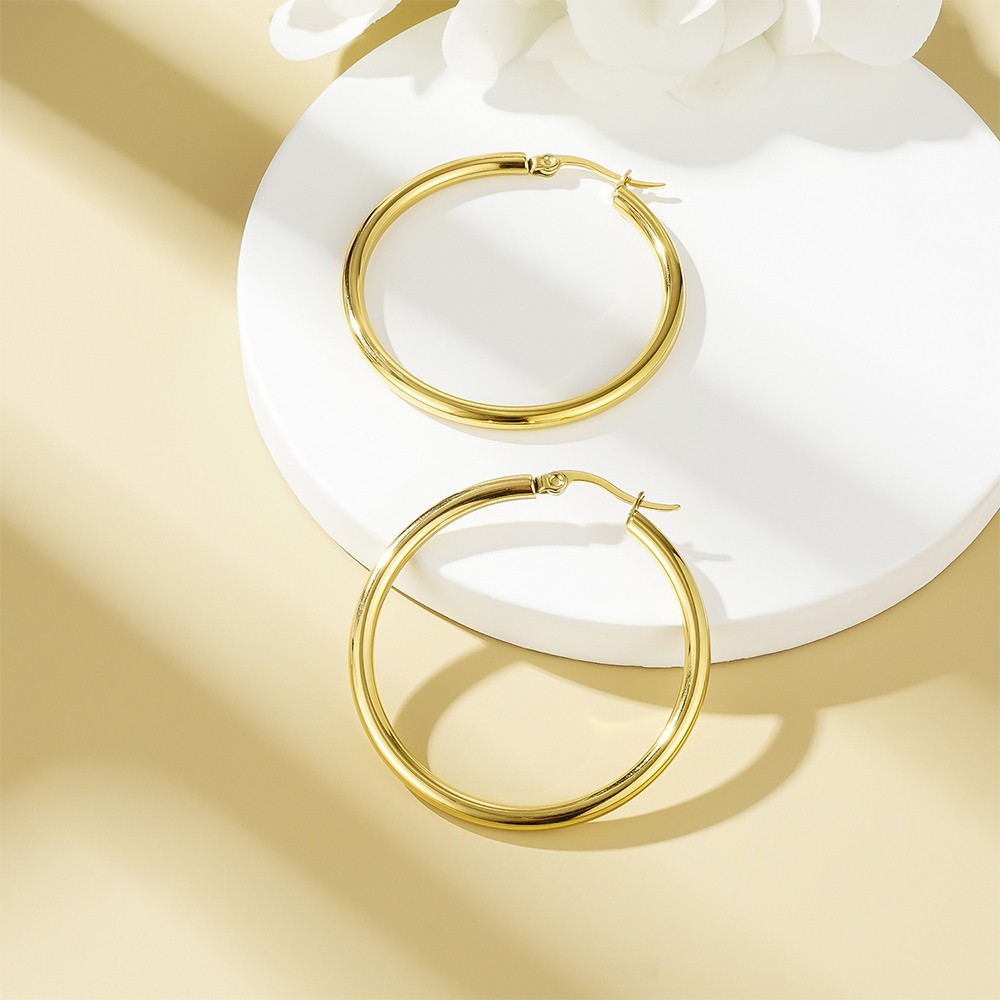 14K Real Solid Yellow Gold Shiny Polished Round Creole Hoop Earrings All Sizes