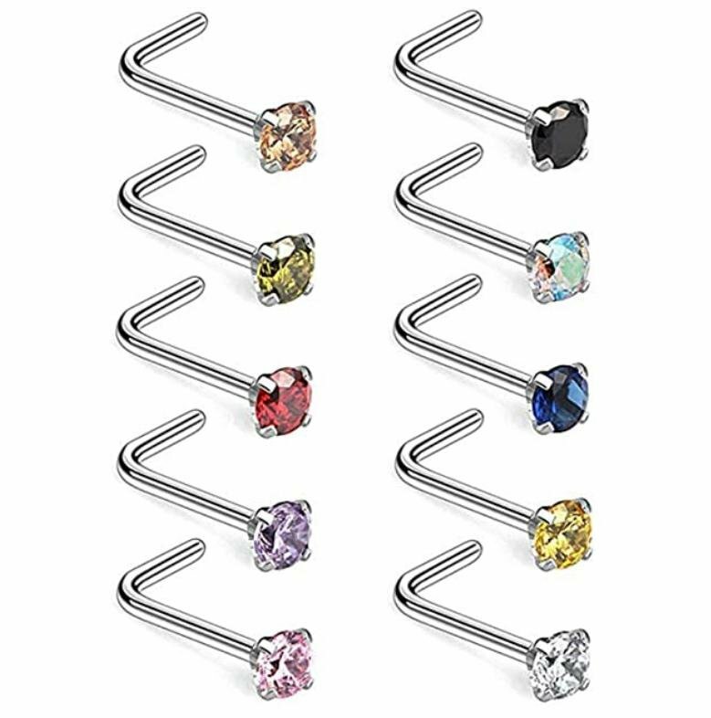 10PCS 20G Surgical Steel L Shaped Mix Color CZ Nose Stud Rings Piercing Jewelry