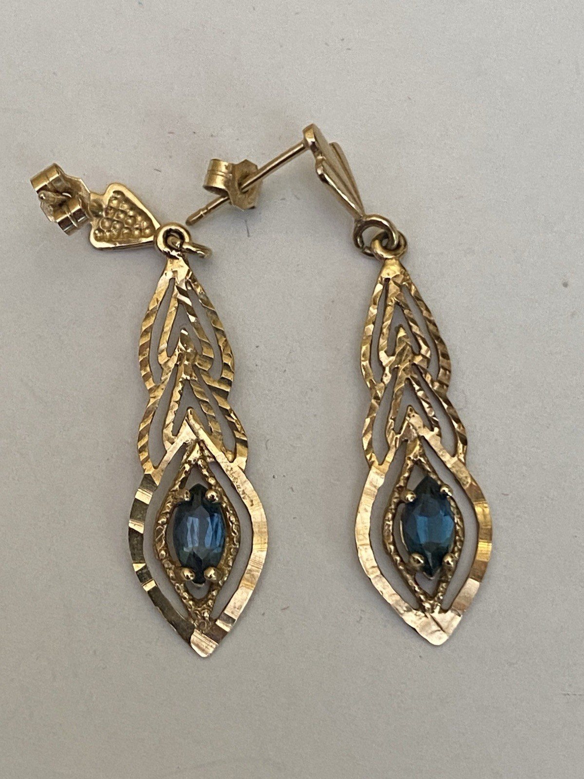 9 Carat Yellow Gold Marquise Cut Blue Spinel Earrings 3.3cm Drop