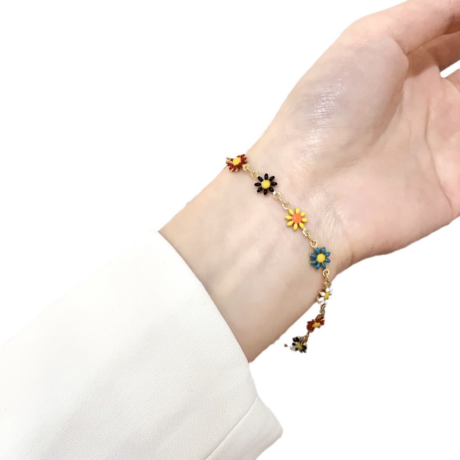 18K Gold Plated Stainless Steel Enamel Daisy Flower Chain Women Girl Bracelet AC