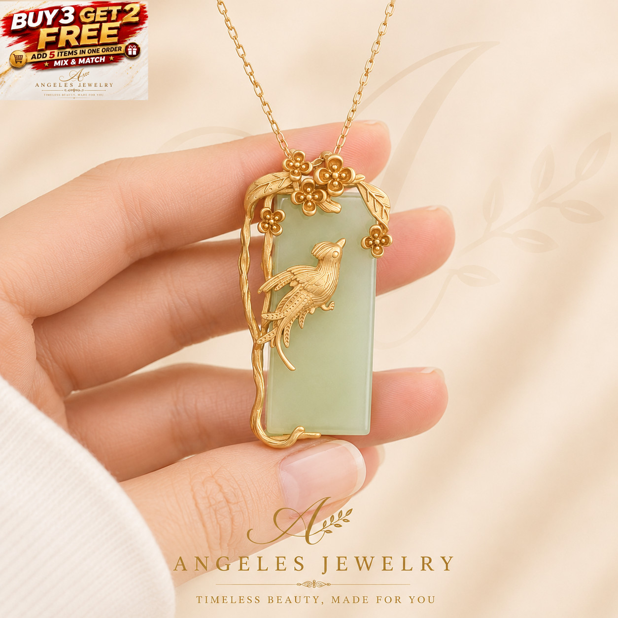Jade Pendant Necklace Charm 18K Gold Plated Chain Phoenix Bird Dainty Gemstone