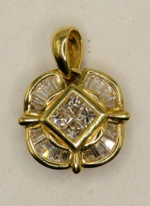 14K YELLOW GOLD PENDANT w 4 PRINCESS CUT & 22 TAPERED BAGUETTE DIAMONDS – ¾” H*