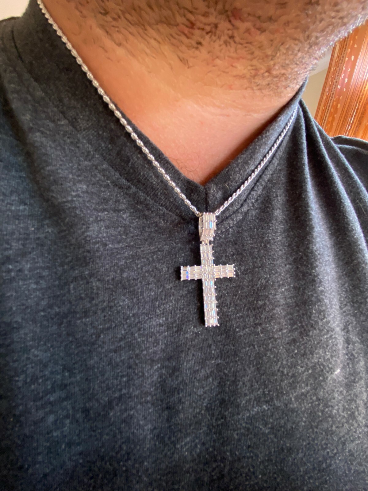 Solid 925 Sterling Silver Cross Pendant Baguette Iced CZ Necklace Hip-Hop